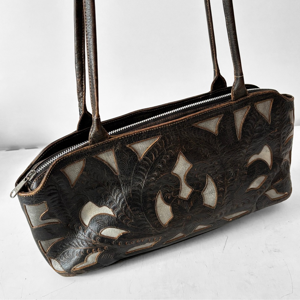 Leaders in Leather Western Tooled Shoulder Bag Dark Brown Floral Tote Handbag